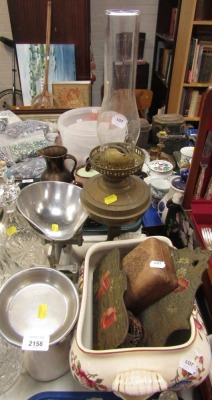 A set of kitchen balance scales, oil lamp, trinket box, Carltonware leaf dish and tureen. (a quantity)