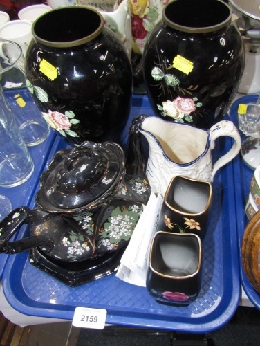 A pair of Victorian black painted glass vases, each with applied floral rose decoration, a black teapot, two miniature vases, and a relief moulded jug. (1 tray)