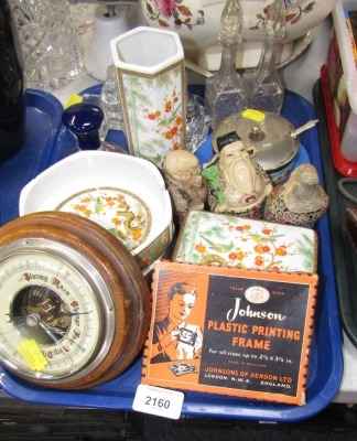 Cut glass cruet sets, Oriental ware dressing table garniture set, Johnson's plastic picture framing set, etc. (1 tray)