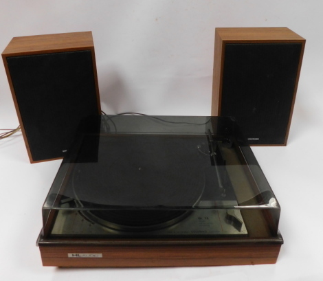 A Goldring Lenco GL75 record player, serial no 120373823, with two Waltham speakers, in a teak case. (AF)