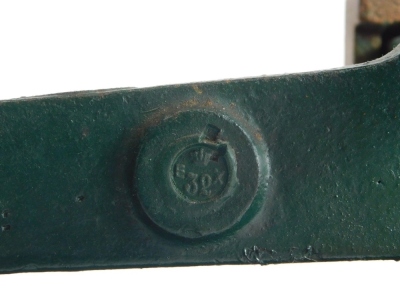 An early 20thC cast iron table scale, in green, on rectangular base marked Forge Five Kilo, on bracket feet, with two removable brass pans, 44cm wide. - 2