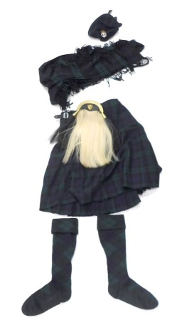 A Black Watch Tartan kilt, with sash, scarf, tie, and socks, all in Black Watch Tartan, sizes unknown, and an associated sporran, with Gordon Highlander's Crest, probably late edition and all non Army issue. (a quantity)