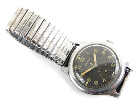 A CYMA military Dirty Dozen wristwatch, with black dial, luminous Arabic numerals, signed with broad arrow, subsidiary second hand, in a stainless steel case, with screw back, engraved with further broad arrow, WWWP1210017100, 3.8cm wide, with elasticated