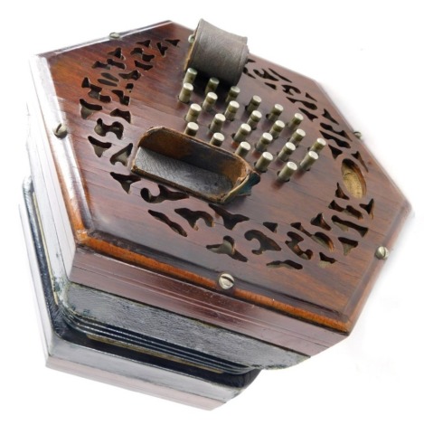 A 19thC Lachenal and Co London concertina, with 48 chrome buttons, in fitted case, 19cm high, labelled the case and body.