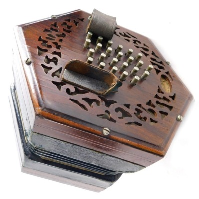 A 19thC Lachenal and Co London concertina, with 48 chrome buttons, in fitted case, 19cm high, labelled the case and body.