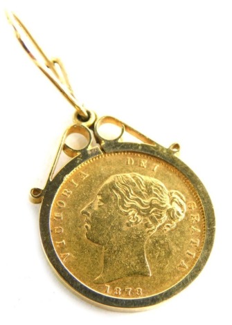 A Victorian gold shield back half sovereign 1872, in 9ct gold earring setting, 4cm high, 5.5g all in.