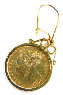 A Victorian gold shield back half sovereign 1890, in 9ct gold earring setting, 4cm high, 5.5g all in.