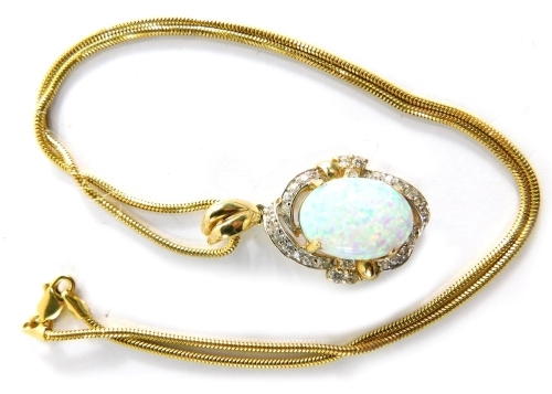 An opal and diamond pendant, the oval opal surrounded by twist design of tiny diamonds, in a raised basket setting, yellow metal unmarked, with Byzantine link neck chain stamped 585, the pendant 3cm high, the chain 42cm long, 8.7g all in.