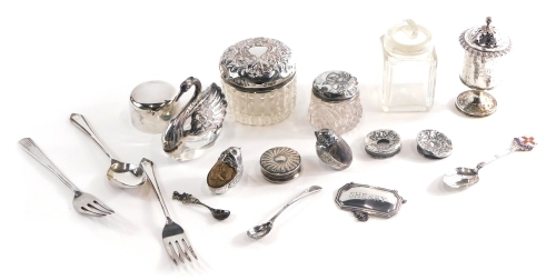 Various silver, a sterling silver cut glass swan pin dish, with articulated wings, marked 925, 6cm high, various other silver, sherry label, patchbox cut glass jars with silver lids, etc., 5oz of silver. (a quantity)