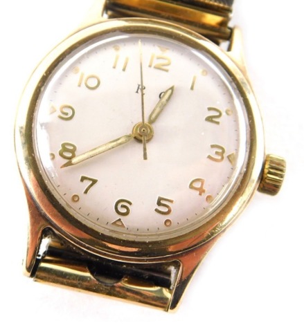 An RC 9ct gold cased gentleman's wristwatch, inscribed to the reverse R Cobb Viota Sales Competition 1955, on a silvered numeric dial, on expanding plated strap, the dial 2.5cm diameter, 56.3g all in.