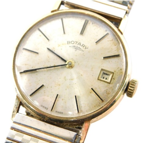 A Rotary 9ct gold cased gent's wristwatch, with silvered dial with date aperture, the reverse inscribed JR & S R Cobb, 1953 to 1978, 3cm diameter, with an expanding stainless steel strap, 52.9g all in.