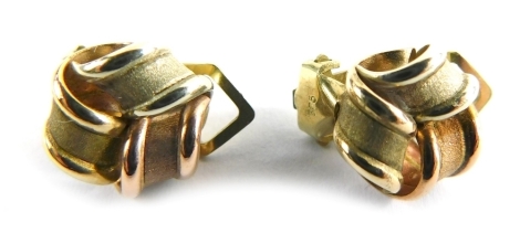 A pair of 9ct gold tricolour cluster earrings, of knotted design, with clip backs, 3.9g all in. (boxed)