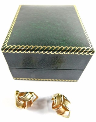 A pair of 9ct gold tricolour cluster earrings, of knotted design, with clip backs, 3.9g all in. (boxed) - 2