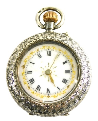 A silver fob watch, with white enamel dial, with gold scroll border with Roman numerals and silvered handles, in heavily scrolled design, cased, stamped 935, 27.9g all in.