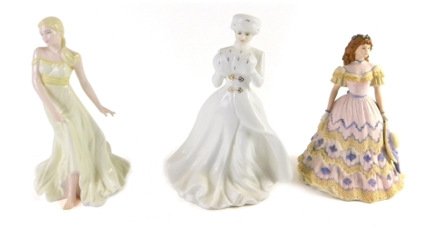 Three various lady figures, Harmony HN4610, printed marks beneath, 22cm high, Coalport Age of Elegance Summer Parade, matt finish figure and Royal Doulton Classics figure A Winters Morn Limited edition no 10105 of 15000, printed marks beneath. (3)