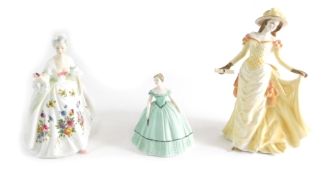 Various porcelain lady figures, Royal Worcester Garden Party High Society, Royal Doulton Diana, HN2468, and Coalport Veronica, 24cm high. (3)