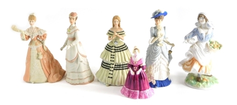 Various porcelain lady figures, matt finish and others, Coalport Prudence, Spink Wedgwood Christmas at Windsor limited edition figure 0315 of 10,000, 17cm high and four others. (6)