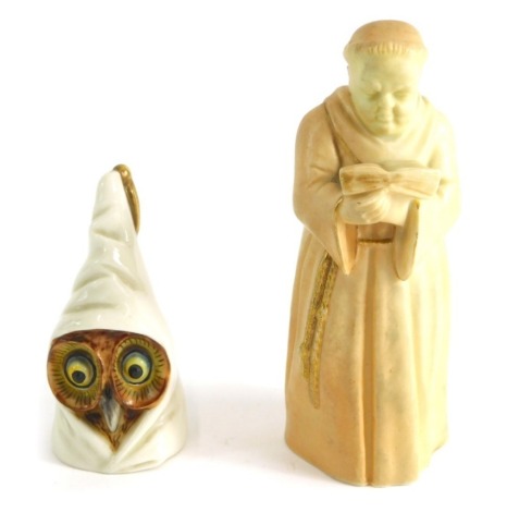 Various pottery and effects, a Worcester blush ivory monk candle snuffer, 14cms high, and an owl Worcester candle snuffer. (2)