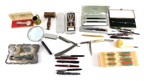 Various bygones, collectables, etc., small gavel, silver plated inkstand, a quantity of various pens, Sheaffer textured gold coloured pen 14cm long (cased), pen knives, Parker pen set, etc. (a quantity)