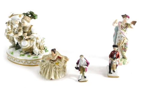 Various Continental figures, a Dresden group of children aside dog on a gilt highlighted Greek key base 15cm high, miniature crinoline lady figure on settee, further figure of a dandy, Sitzendorf classical figure and a miniature man on a goat figure, etc.