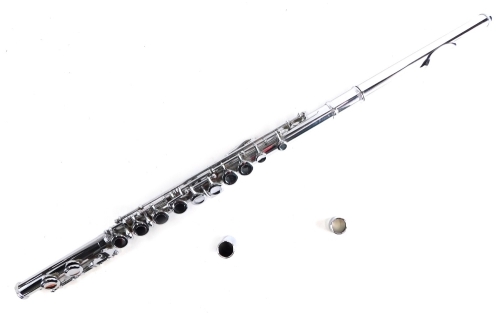 A three piece chrome plated flute, numbered 01315 in fitted case, 39cms long.