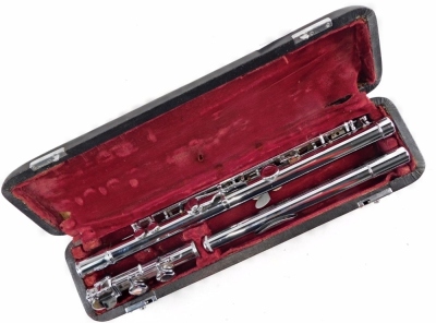 A three piece chrome plated flute, numbered 01315 in fitted case, 39cms long. - 3