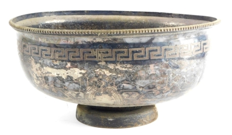 A silver plated meat dish cover with Greek key and bead design, adapted as a planter, 45cms wide 36cms deep