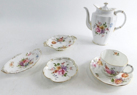 Various Royal Crown Derby Derby Posies pattern, coffee pot, matched trio, and two dishes, 15cm wide, etc. (a quantity)