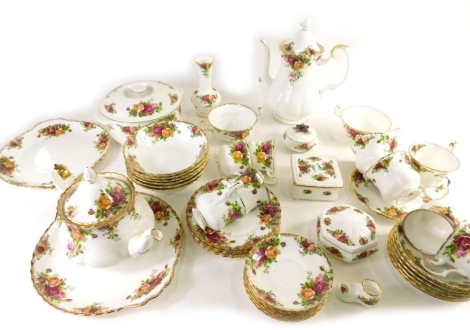 A comprehensive Royal Albert Old Country Roses part dinner service, to include lidded tureen, coffee pot, 25cm high, milk jug, dessert bowls, cups, saucers, teapot, dinner plates, etc., part settings for six, and other items. (a quantity)