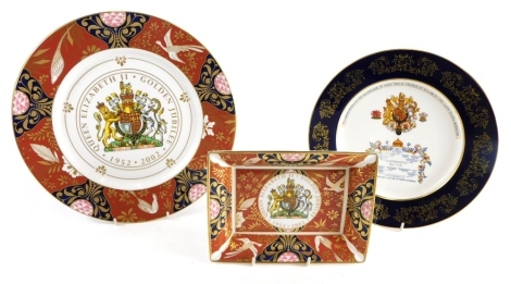 A Royal Worcester Queen Elizabeth II Golden Jubilee 1952-2002 Accession To The Throne dish, 22cm wide, and two Royal commemorative plates similar. (3)