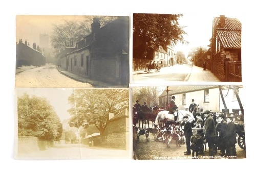 Various early 20thC Lincoln city postcards, The Meet of the Burton Hounds, Eastgate, Lincoln postmark 1906 and three others Northgate Lincoln looking North, Eastgate Lincoln and Langworth Gate, black and white. (4) We have specific instructions from the