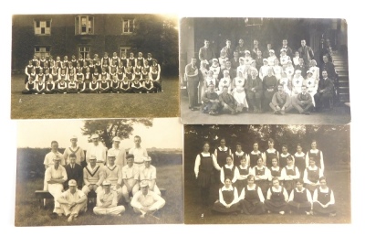 A 1920s Lincoln postcard, cricket team, another titled Drill Stripe People, 1919 and a school photograph postcard The Senior Year, L.T.C 1919, black and white. (4)