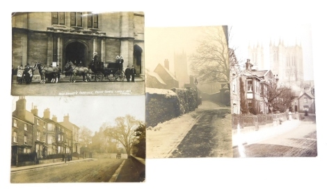 Four early 20thC Lincoln city postcards, street scenes, corner of Lindum Road, East Bight in the snow, Cathedral from Drury Lane and High Sheriff's Carriage, Lincoln 1906, black and white. (4)