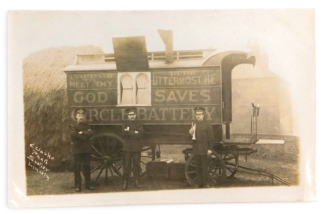 An early 20thC Lincoln postcard, figures including bugler, stood before a cart marked Prepare To Meet Thy God To The Uttermost He Saves Circle Battery, printed signature G. Clarke, Scotter, Lincoln, pencil marked Lincoln £48 verso.