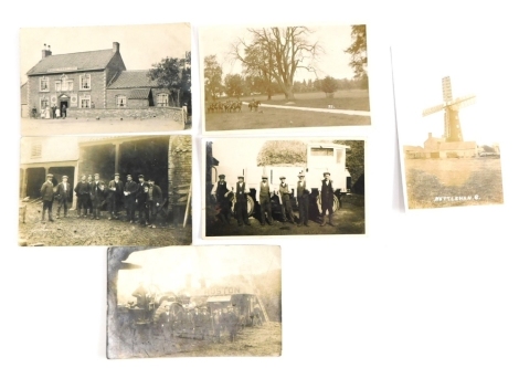 Various early 20thC Lincolnshire Nettleham Heath postcards, Bowser's Farm, showing workers and another Thrashing Peas 1912, with Ruston engines, further Nettleham windmill, Nettleham Hall grounds with hunt, and pub front Nettleham White Hart Inn black and