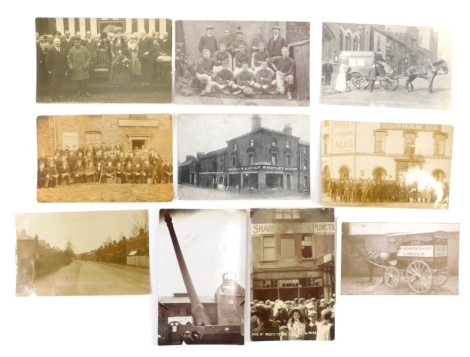 Various 20thC Lincolnshire Lincoln City postcards, Fire at West's Cycle Stores, George Walker Bakery advertising horse and cart card, early Hykeham Road Lincoln card, Durham Ox Charlie Watson pub front with figures, Shipley and Co. Builders Merchants sho