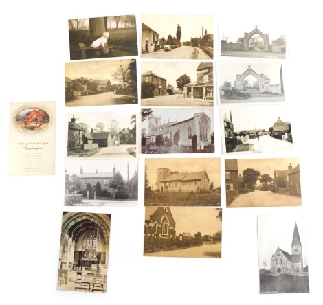 Various 20thC Lincolnshire postcards, Bassingham, Thorpe-on-the-Hill, Auborn, Bassingham High Street with petrol station, Morshead shop front, Bassingham, Auborn street scenes, Eagle car before church, other Eagle, etc., black and white and in colour. (a 