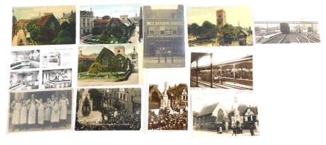 Various 20thC Lincolnshire Lincoln City postcards, Melbourn Bros wine and spirit merchants front, figures in aprons to include Uncle jack Howard, foreman of printers at Lincoln Gazette, Leslie Good Lincoln Train Station card, etc., black and white and in 