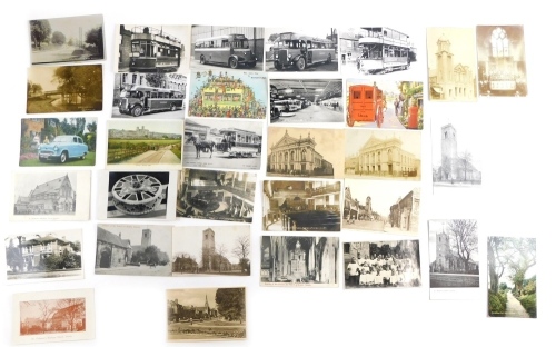 Various 20thC Lincolnshire Lincoln City postcards, buses, City Of Lincoln Tramway Tram, Last Journey Lincoln Horse Tram, Hannah Memorial Wesleyan Chapel, Lincoln, Interior at Portland Place Memorial church (2), Cross-O-Cliff Hill, etc., black and white an