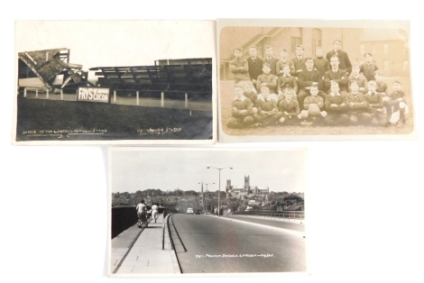 Various Lincoln city postcards, Pelham Bridge, St Andrew's junior school football team card, wreck of Lincoln City football stand,