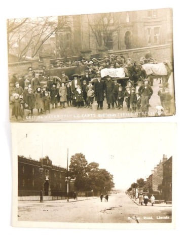 A 20thC Lincoln city postcard, Typhoid Getting Water From LC Carts, Burton Road, and another of Burton Road. (2)