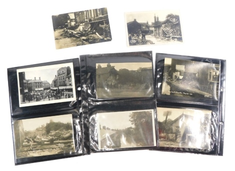 Various Lincolnshire Louth postcards, Louth Disaster cards, destroyed buildings, flood cards, etc., black and white. (a quantity)