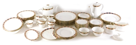 A comprehensive Royal Crown Derby Ambassador part dinner service, to include coffee pot, 29cm high, dinner plates, side plates, gravy boat, vegetable dishes, bowls, cups, dessert bowls, two handled sugar bowl, etc., printed marks beneath. (a large quantit