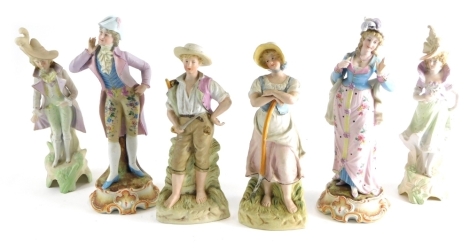 Various Continental bisque figure groups of ladies and gentlemen, each polychrome decorated and dressed in finery, to include one pair 24cm high (AF), etc. (a quantity)