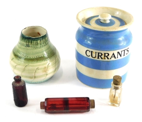 A T. G. Green Cornishware jar, Currants, 14cm high, a Studio pottery vase, and three miniature glass items to include a double sided perfume bottle lacking stopper. (a quantity, AF)