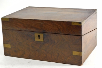 A 19thC walnut writing box, of rectangular form, with brass corners and fitted interior, with writing section, space for pens and ink bottles, with plain exterior escutcheon, 15cm high, 31cm, wide, 22cm deep. - 2