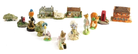 Various Beswick Beatrix Potter figures, Foxy Whiskered Gentleman, 13cm high, brown five line mark, Jemima Puddleduck, Lady Mouse, Hunca Munca sweeping (boxed), etc., and various cottage ornaments, Kingfisher, etc. (a quantity)