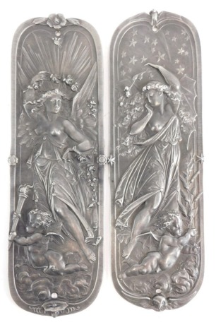 A pair of pewter classical design finger plates, bearing Victorian registration mark, showing day and night, 25cm high.