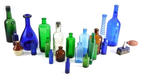 Various glassware, a Liam Wheatley & Son a15 green glass bottle with stopper, a Bristol blue glass shoulder bottle 28cm high, modern bottle with seal etc and a quantity of various other bottles, shaped green glass poison bottle etc (a quantity).