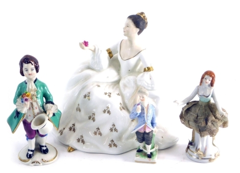 Various porcelain figures, Royal Doulton My Love HN2339 printed marks beneath 15cm high, Continental crinoline style lady, a Dresden art figure of a child holding flowers and hat and another miniature porcelain figure (a quantity).